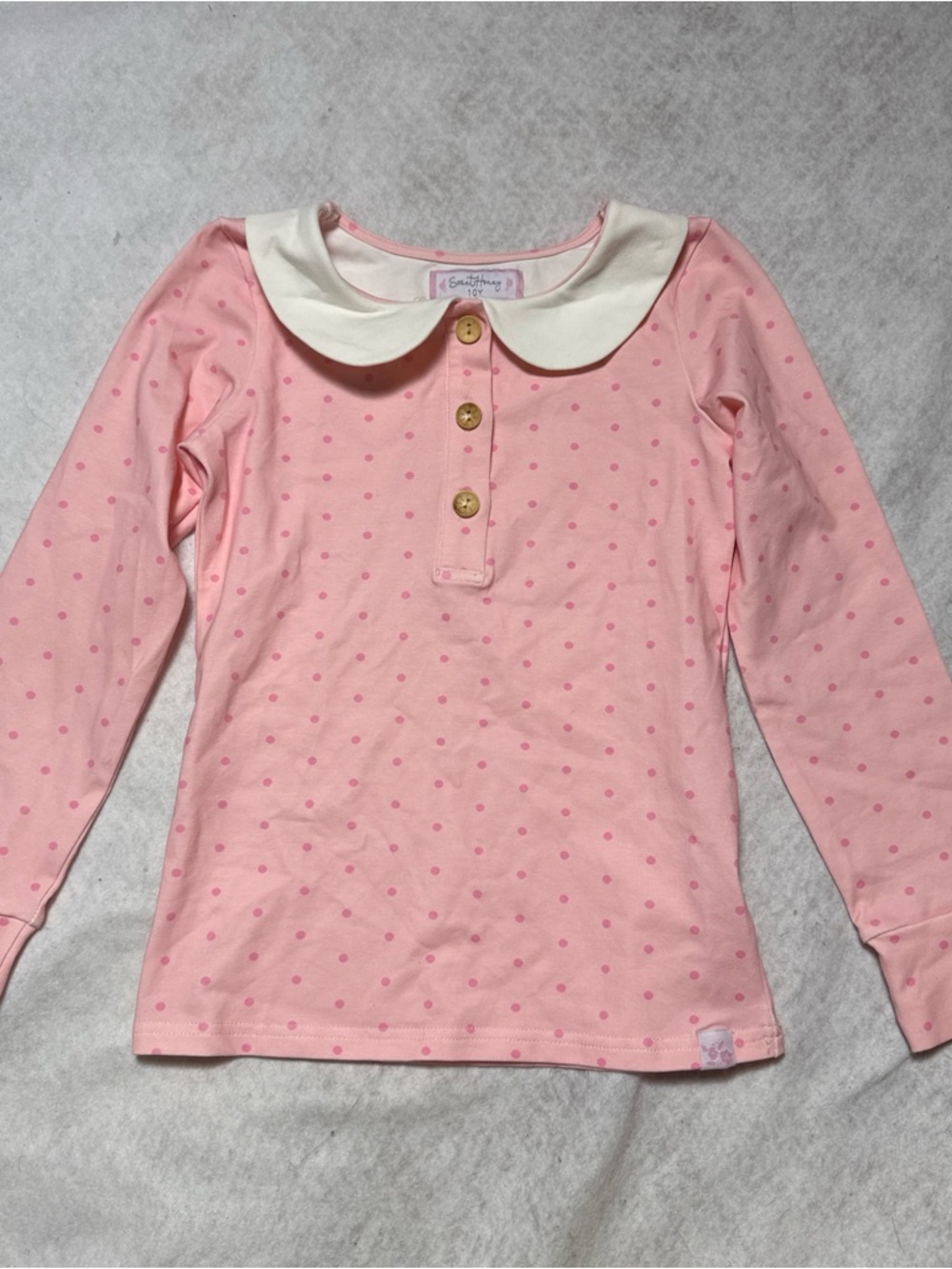 SweetHoney Pink Polka Dot Long-Sleeve Top with White Peter Pan Collar